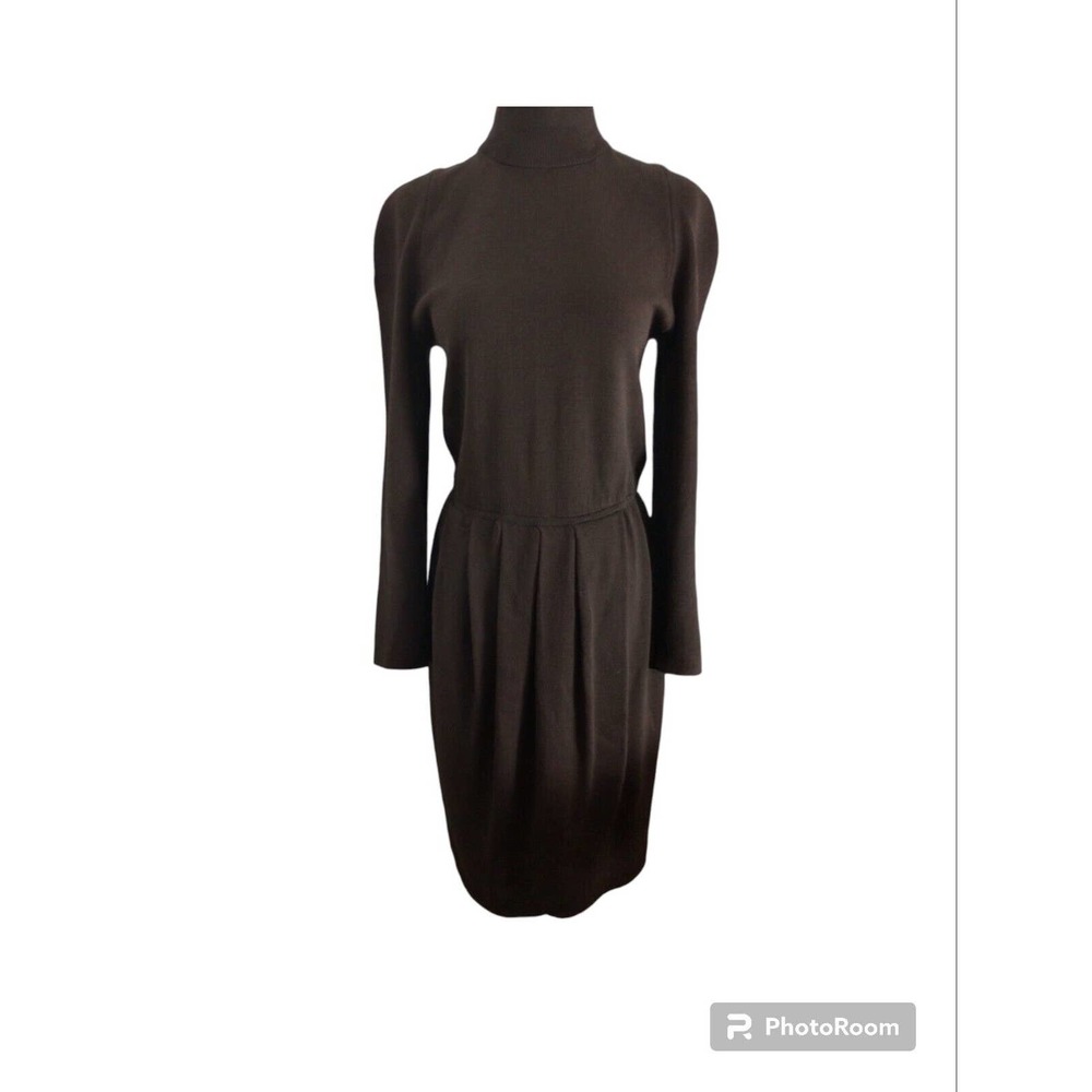 Vintage St. John Marie Gray Brown Knit Dress Long Sleeve Pleated Dress 4 Santana